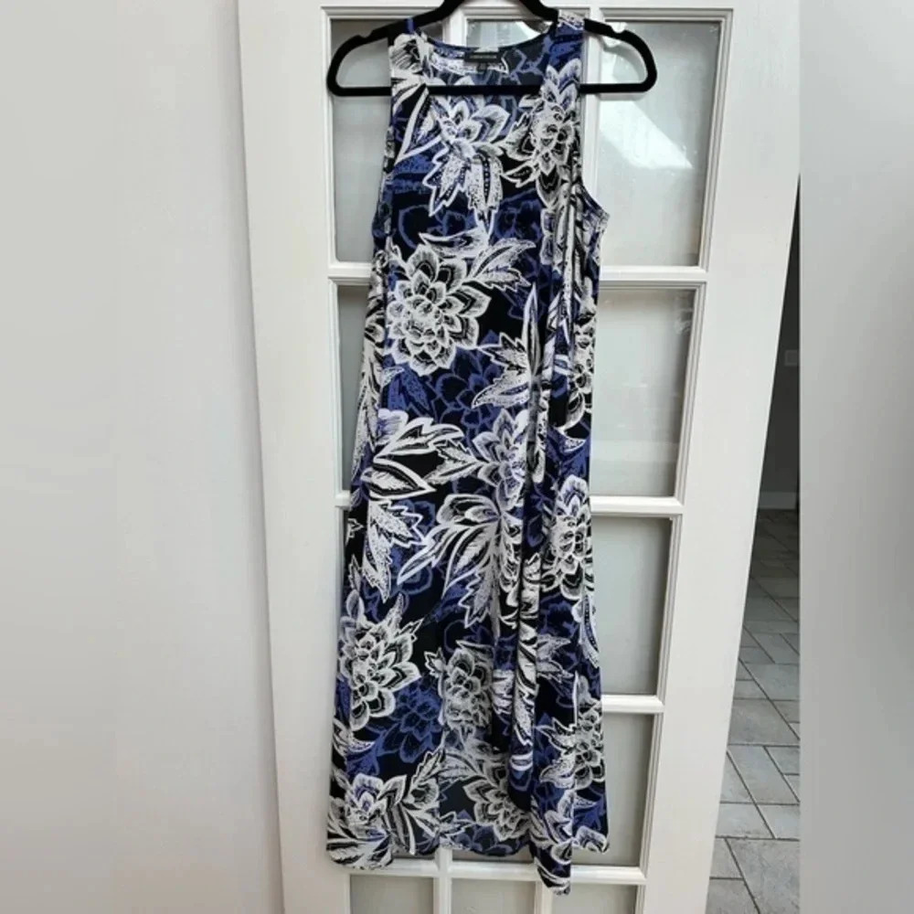 Lord & Taylor Blue White Black Floral High Low Maxi Sleeveless Dress Size M